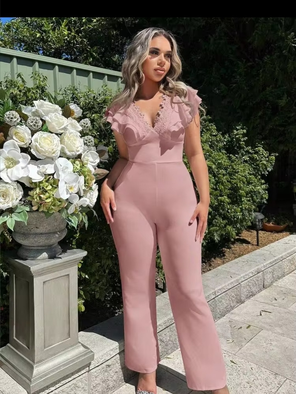 SHEIN Rose Pink Lace-Trim Flutter Sleeve Jumpsuit